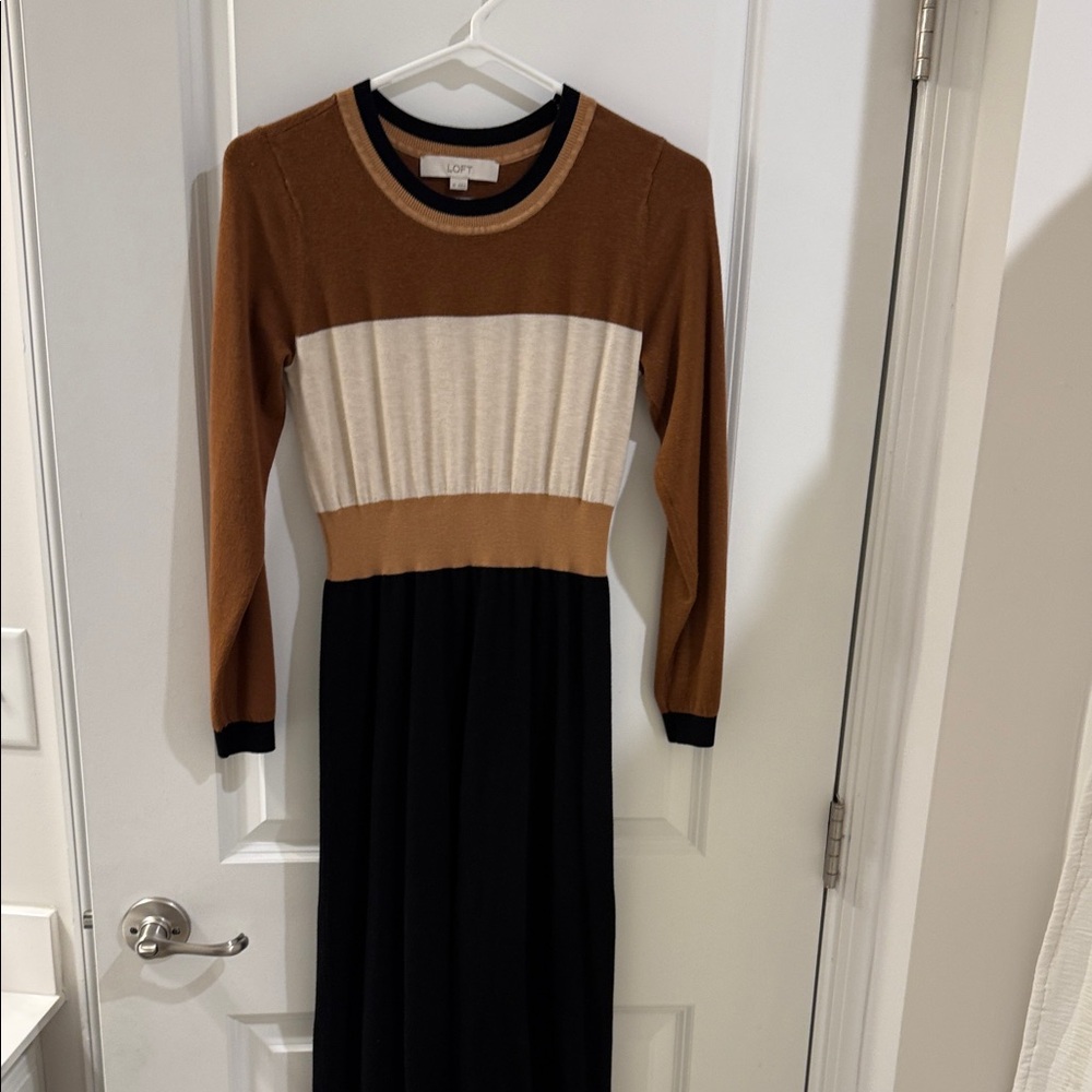 Final Price LOFT Women's Long Sleeve Maxi Dress in Brown, Cream, and Black